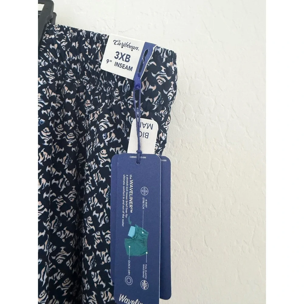 NWT Caribbean Joe Mens Navy Blue Geometric Print Board‎ Shorts Swim Trunks 3XB